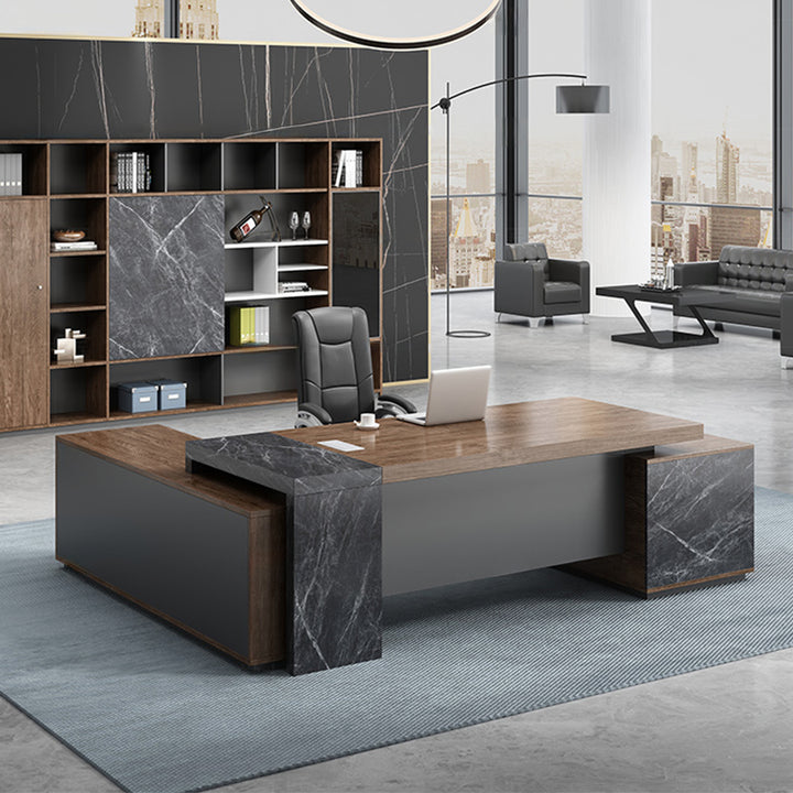大型役員デスク|マーブル柄 スタイリッシュ コードホール